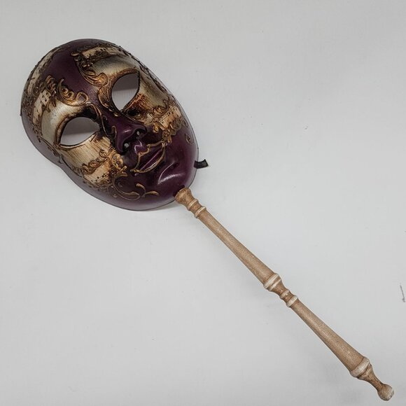 Decorative Venetian Masquerade Mask With Handle Music Note Design Purple & Gold